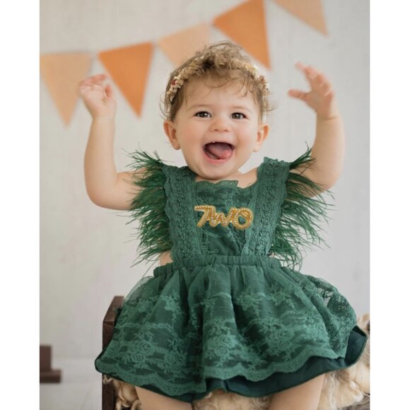 Green Girl Romper Christmas Thanksgiving Outfit Clothes Dress Two Wild Birthday - Picture 1 of 9